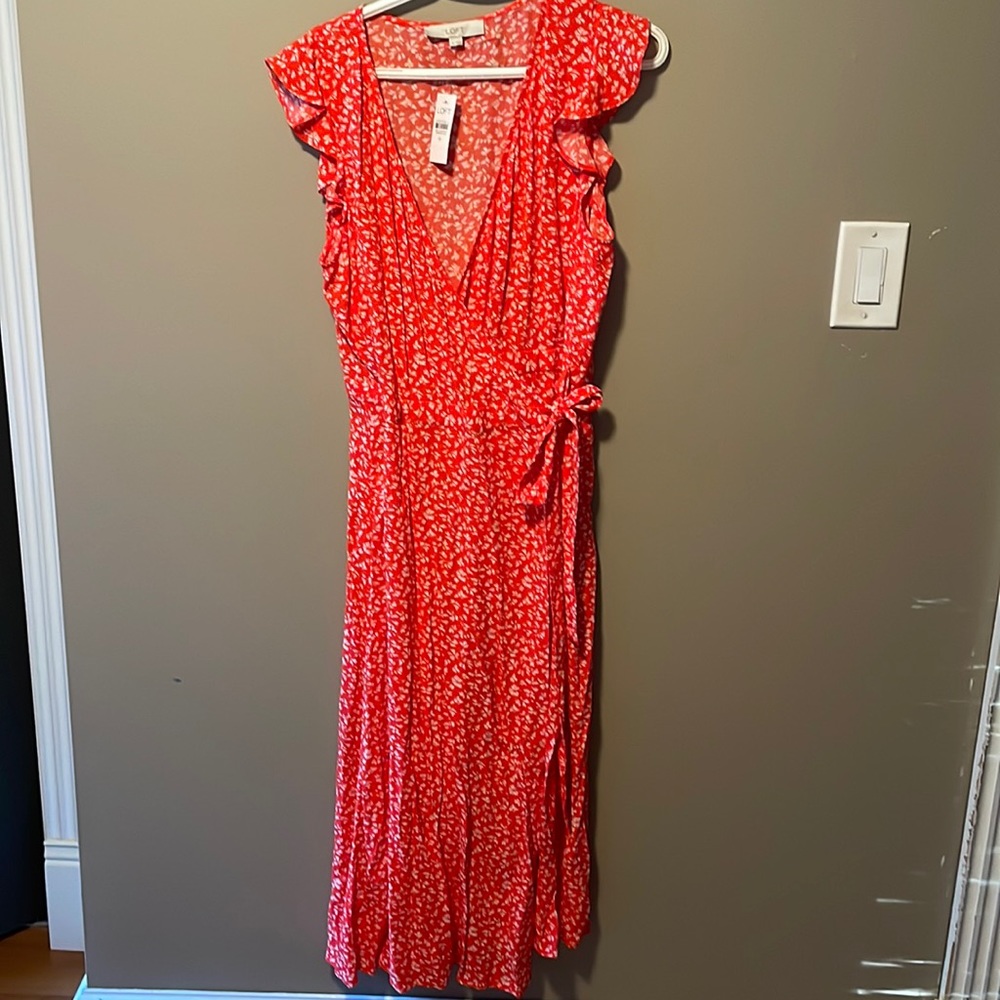 New with tags loft orange and white print long wrap dress